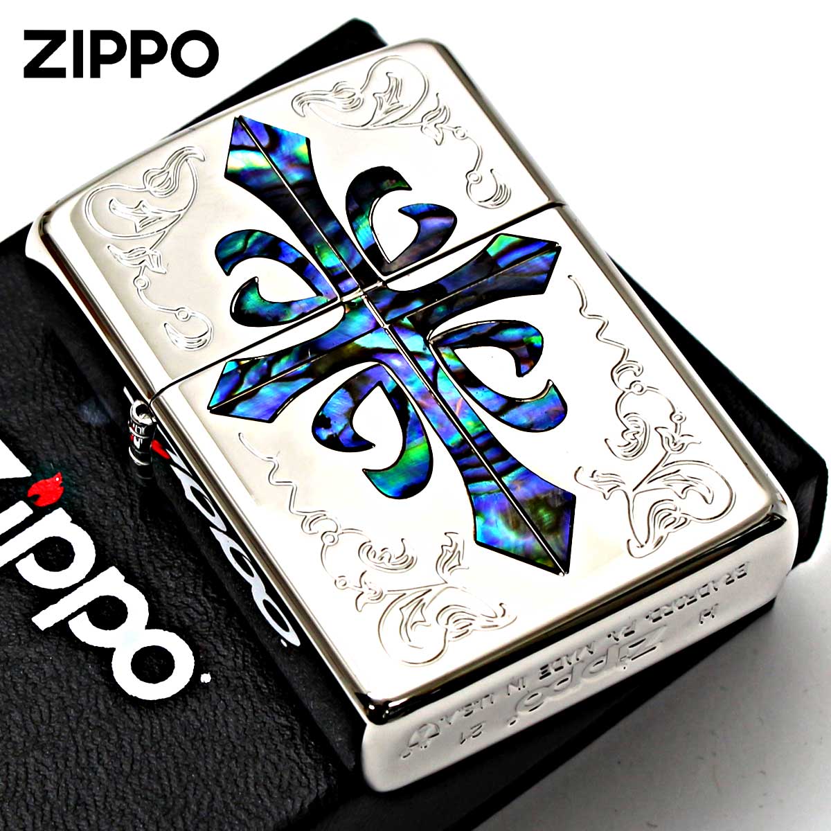 Zippo ジッポー アーマー クロス 十字架 シェル 貝貼り 両面加工 ARMOR SHELL CROSS 162KB-CRSP｜Zippo 専門店フラミンゴ：本店