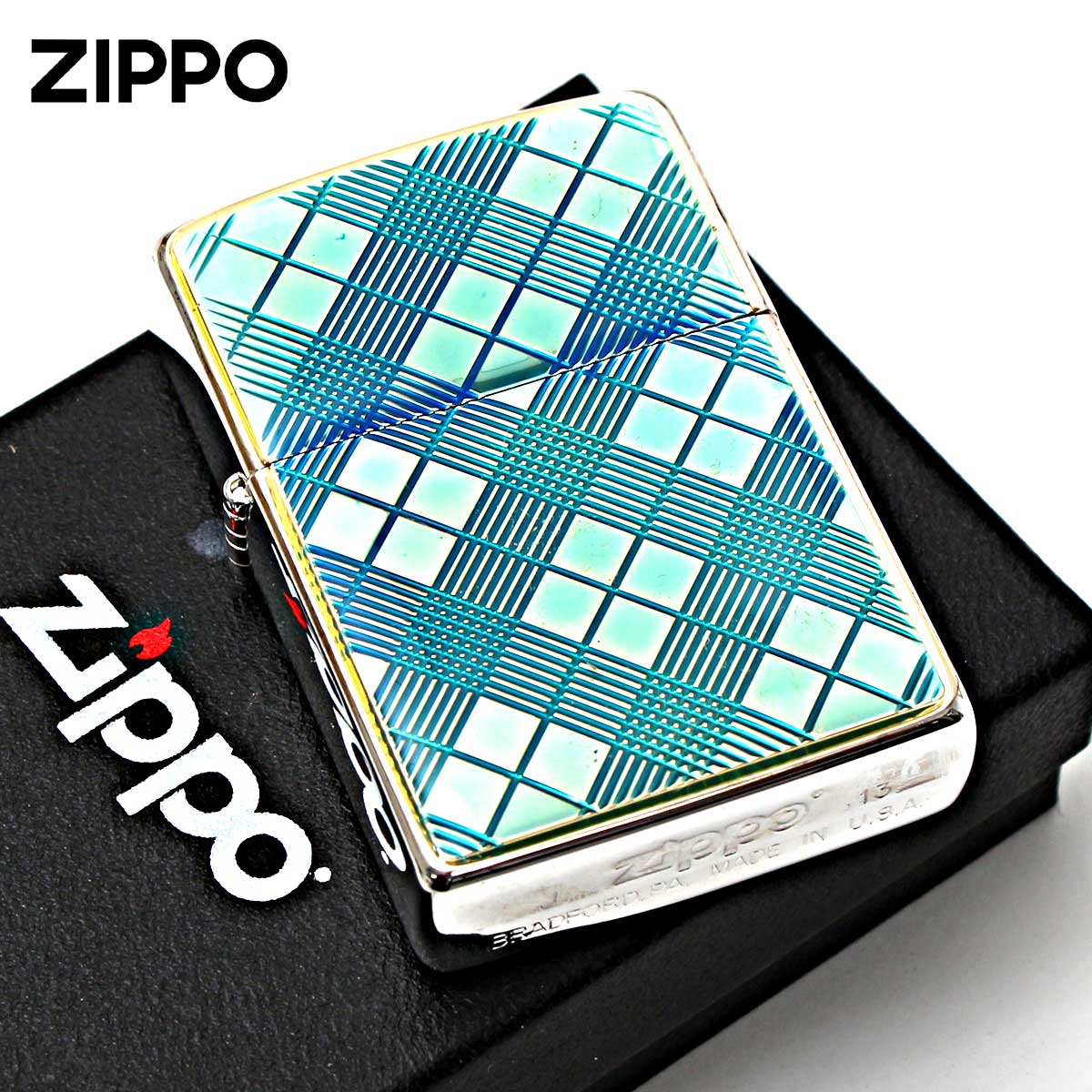 Zippo ジッポー ダイヤモンドカット アーガイル柄彫刻 エポ盛りクリア チェックブルー 20CHB-EC メール便可