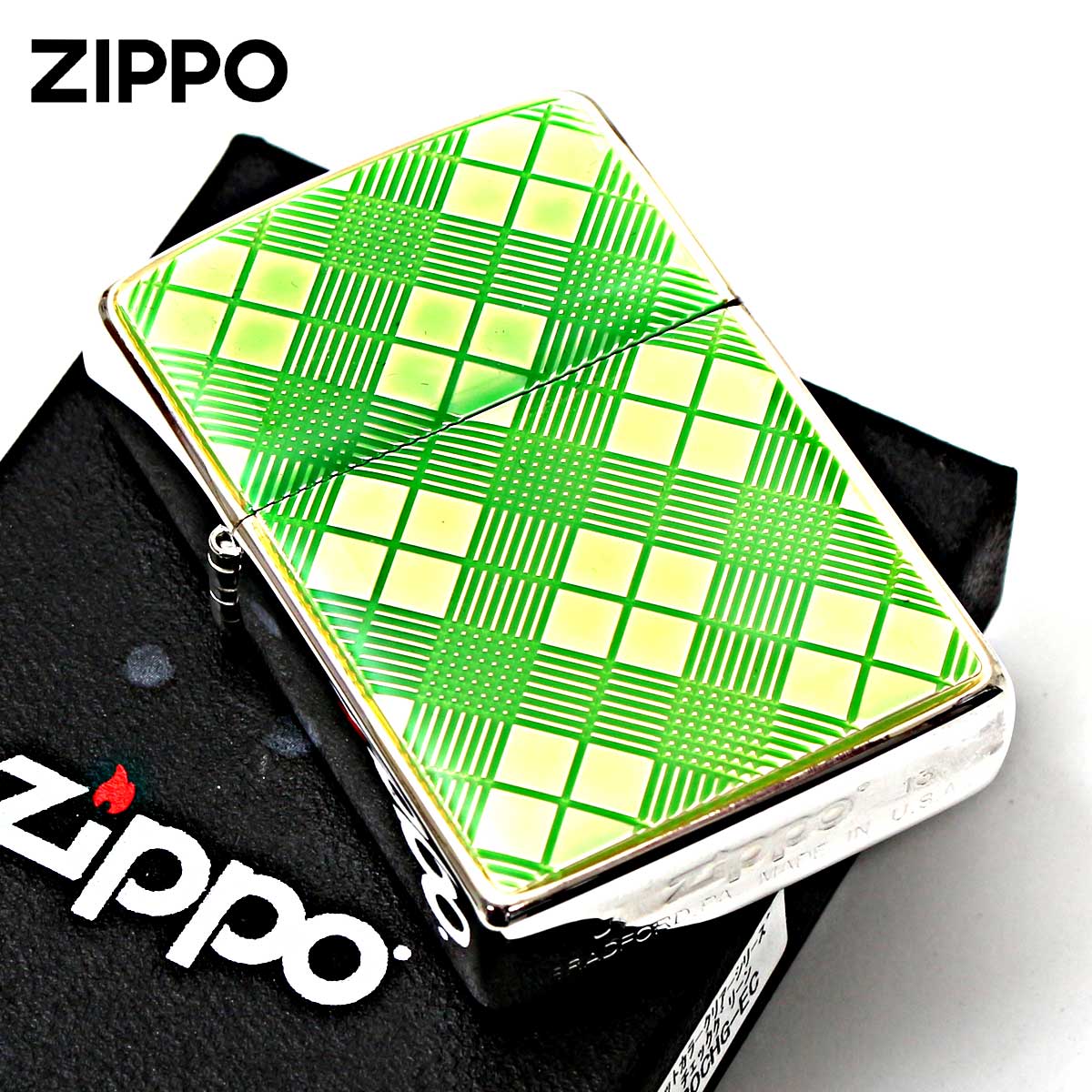 Zippo ジッポー ダイヤモンドカット アーガイル柄彫刻 エポ盛りクリア チェックグリーン 20CHG-EC メール便可