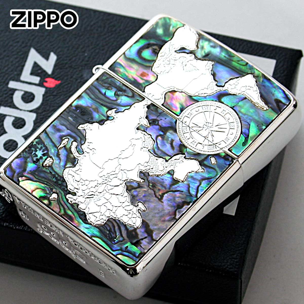 Zippo ジッポー シェル 貝 インレイ 象嵌 ワールドマップ 銀メッキ Shell World Map Silver Plate S