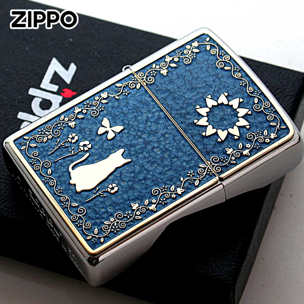 Zippo ジッポー ネコ 猫 Cat ブルー ＃200 ゴールドプレート 両面加工 ニッケルメッキ 2MPP-Cat BL GP メール便可