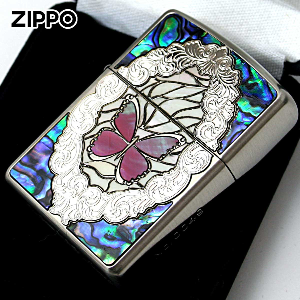 Zippo ジッポー アーマー シェル 貝 インレイ 象嵌 蝶々 バタフライ レッド ARMOR Butterfly and Rose Antique Nickel シリアル番号 RD