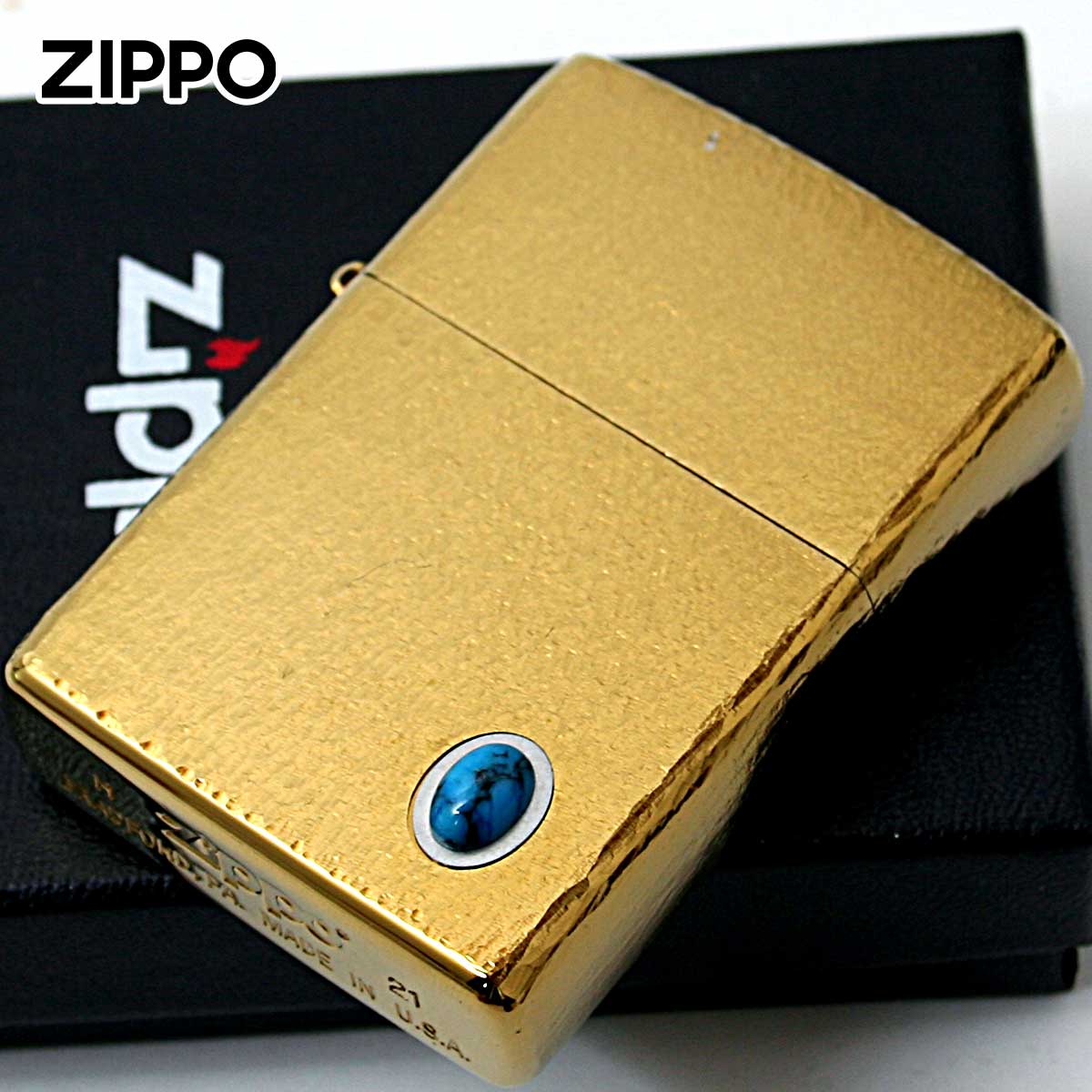 Zippo ジッポー ターコイズ 天然石 ハンマートーン チタニュームコーティング ゴールド TITANIUM COATING Hammer Tone Turquoise Gold HT-G