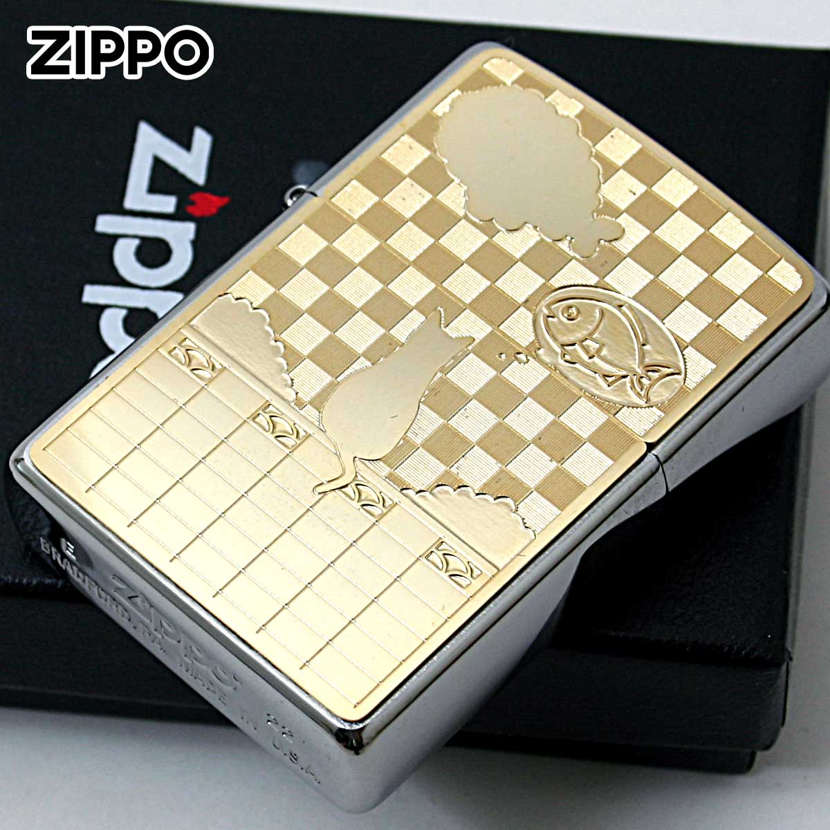 Zippo ジッポー ネコ 猫 Cat 雲 ＃200 ゴールドプレート ニッケルメッキ 2MP-ネコと雲 GP メール便可