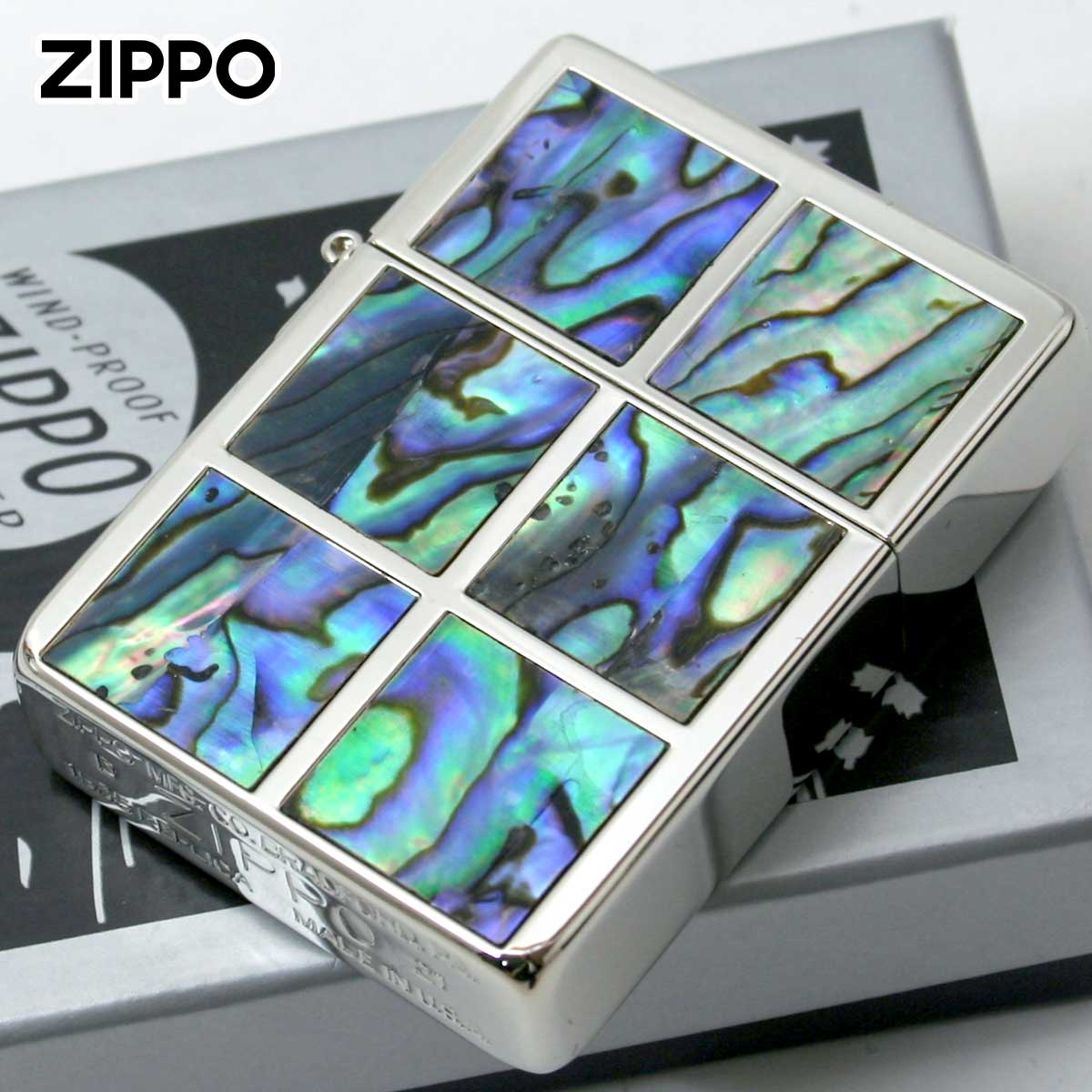 Zippo ジッポー 1935レプリカ シェル 貝 インレイ 象嵌 スクエア 両面加工 ホワイトニッケル Replica Square Shell  WN｜Zippo専門店フラミンゴ：本店