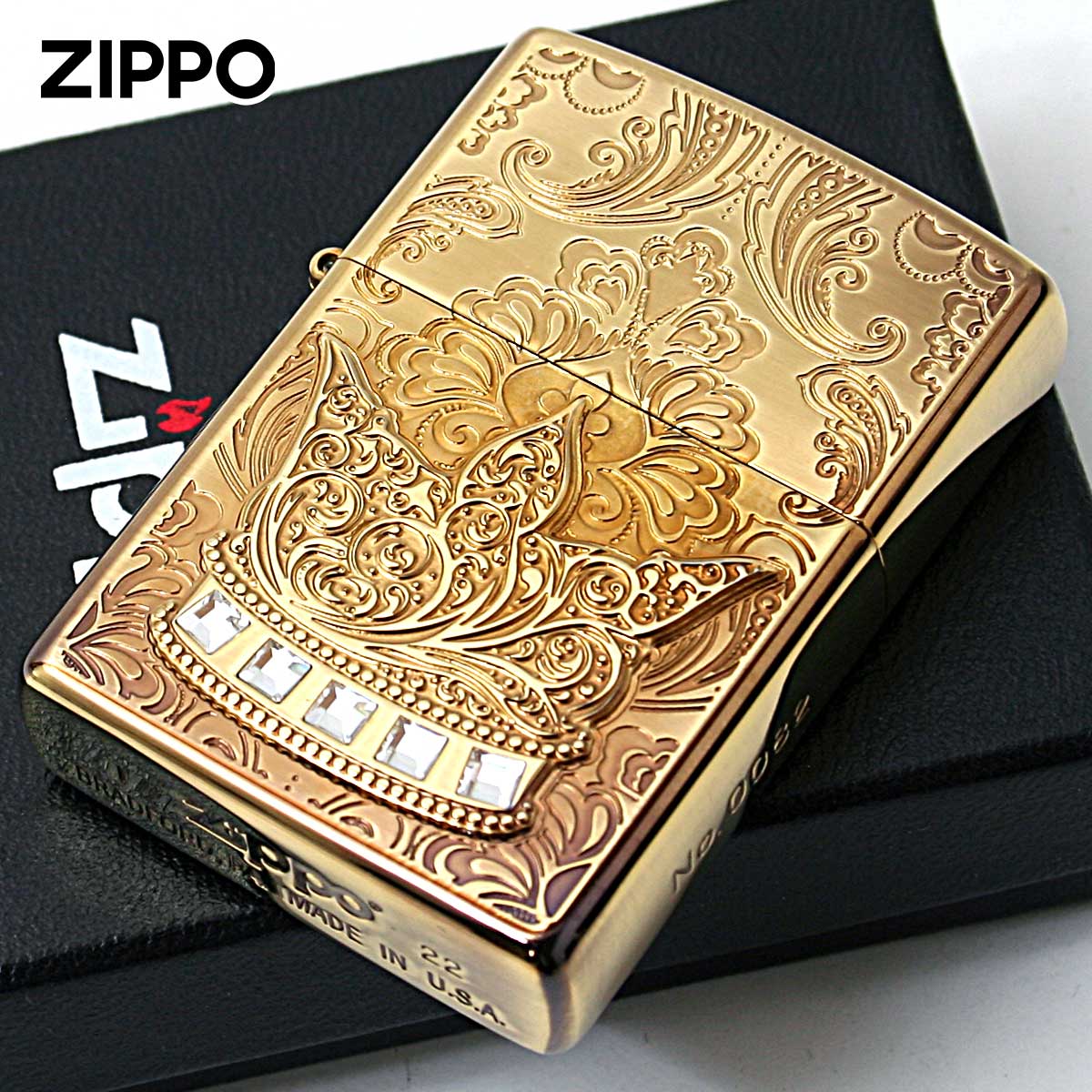 Zippo ジッポー 王冠 クラウン メタル ラインストーン ブラスいぶし The Crown Brass Oxidized シリアル番号 A