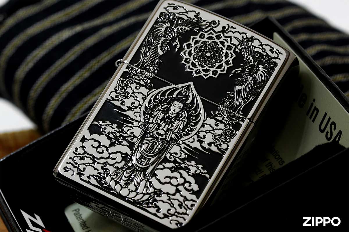 Zippo ジッポー Black Metal Paint Plate Neo Black ブラックメタル ペイントプレート ネオブラック 観世音 シルバー BM SV メール便可