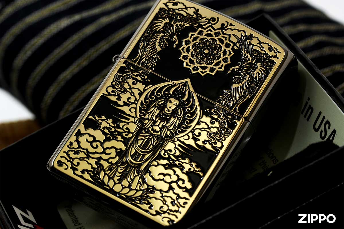 Zippo ジッポー Black Metal Paint Plate Neo Black ブラックメタル ペイントプレート ネオブラック 観世音 ゴールド BM G メール便可