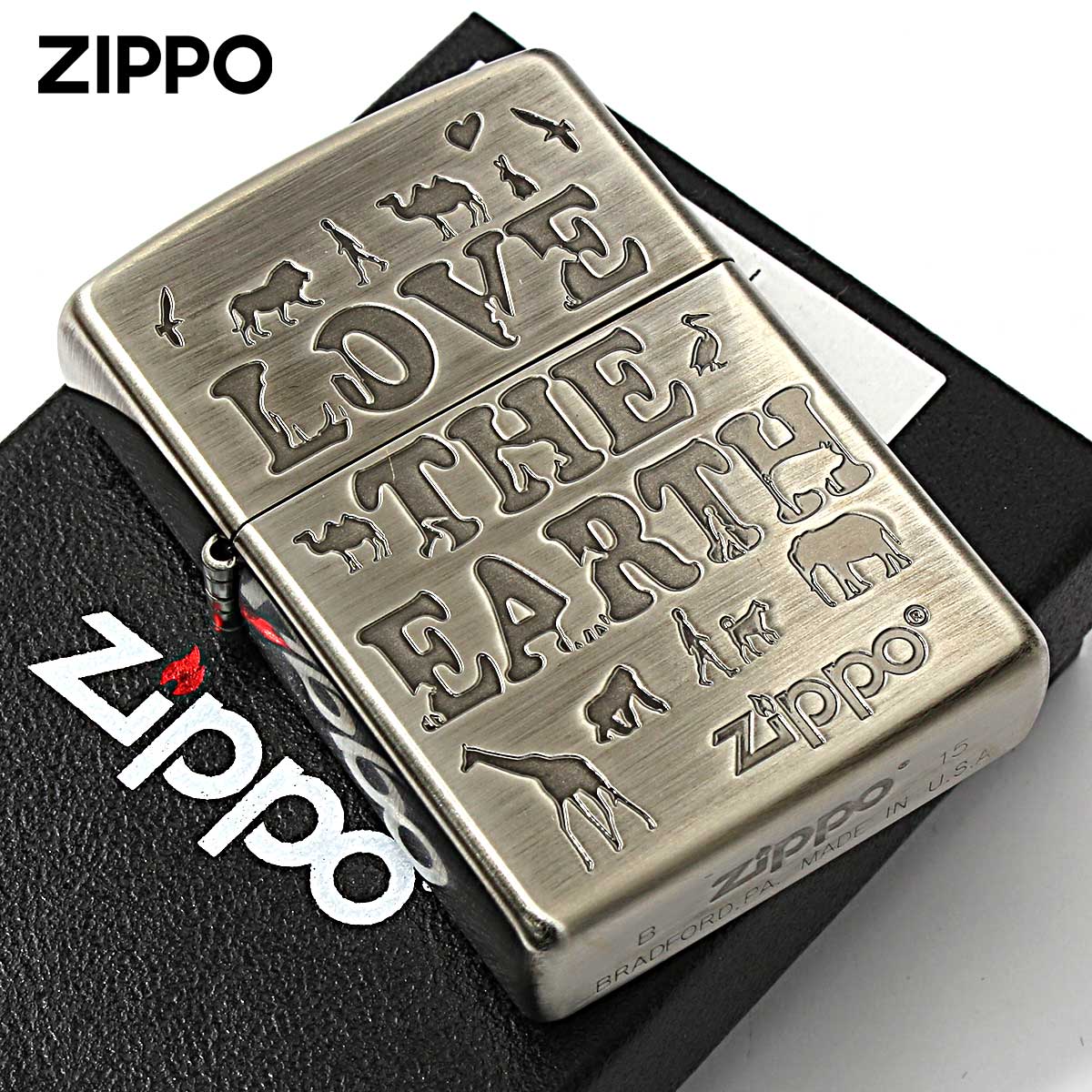 Zippo ジッポー アニマル シルエット 世界平和 ニッケルメッキ 古美 LOVE THE EARTH MTB16J 2LE-BN メール便可