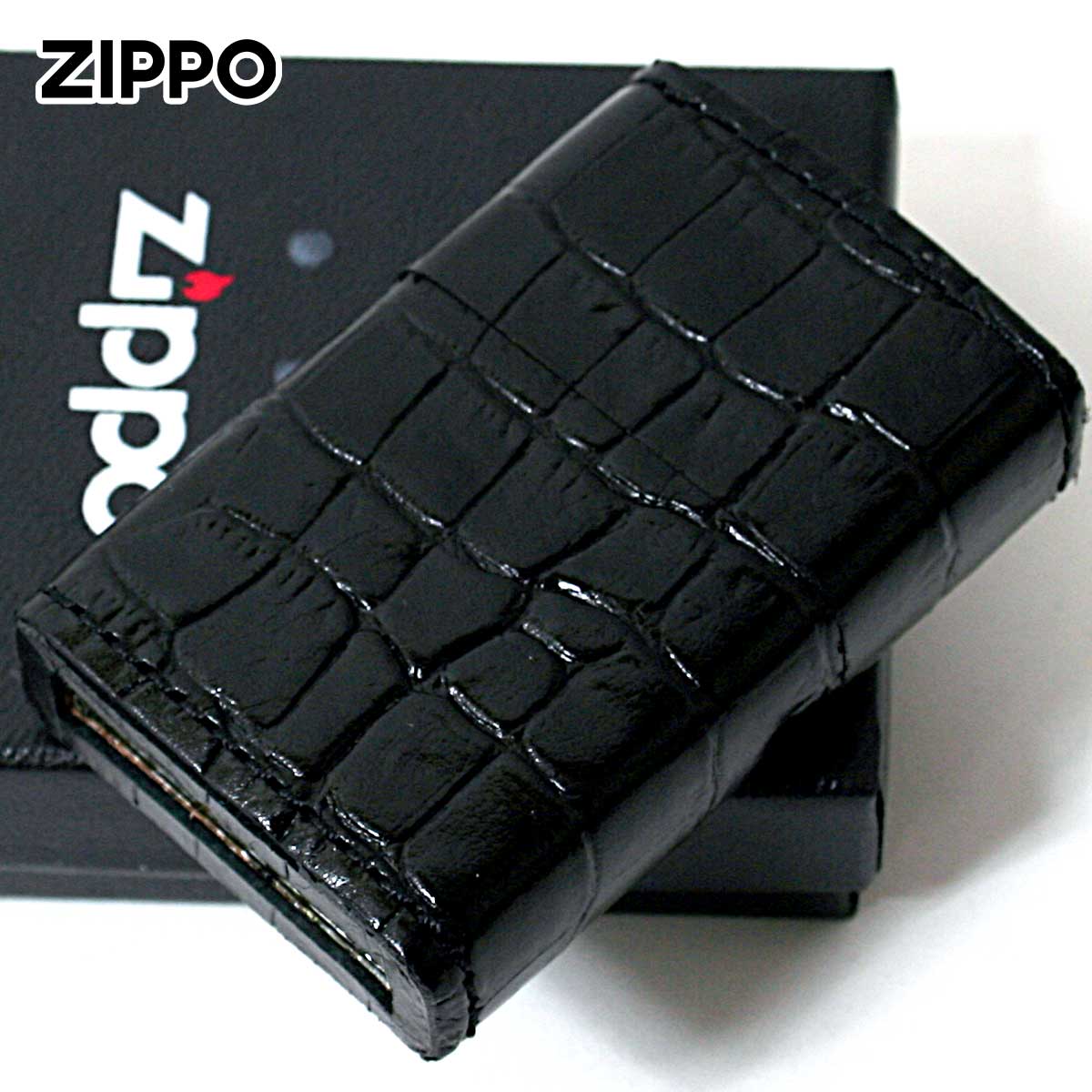 Zippo ジッポー 革巻き 本革 クロコダイル ワニ 黒 ブラック メール便可