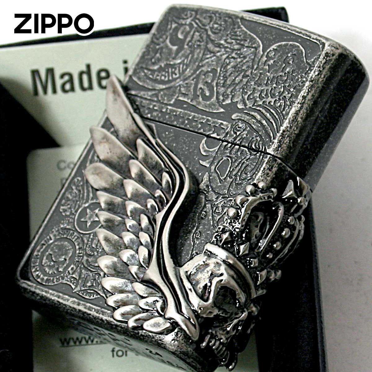 Zippo ジッポー スカル ドクロ 骸骨 羽 ウイング フォーチュンヘッド いぶしバレル Fortune Head SV