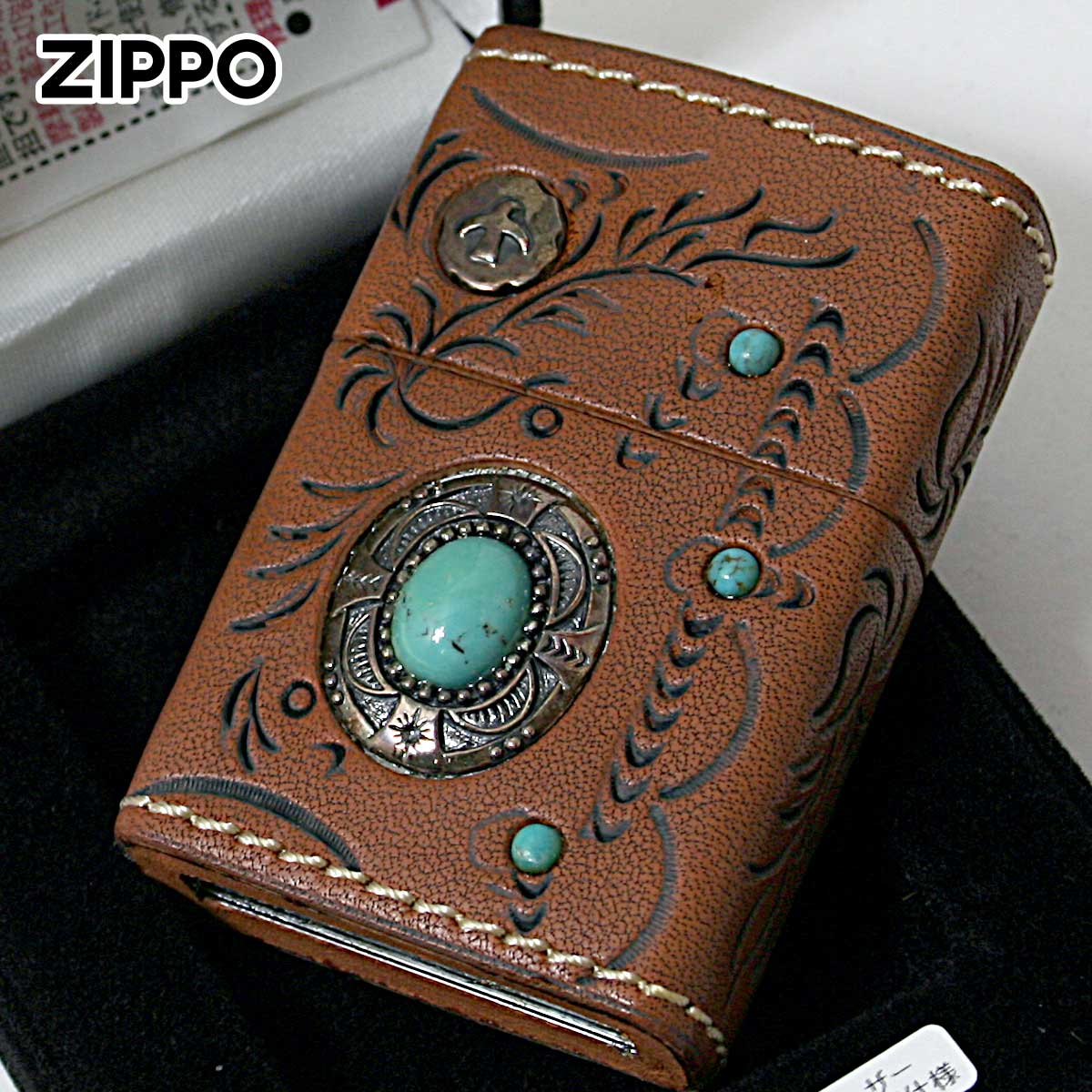 Zippo ジッポー 革巻き 牛革 ターコイズ 天然石 ネイティブアメリカン インディアンスピリット ブラウン INDIAN SPIRIT 純銀メタル  FEATHER フェザー BW｜Zippo専門店フラミンゴ：本店