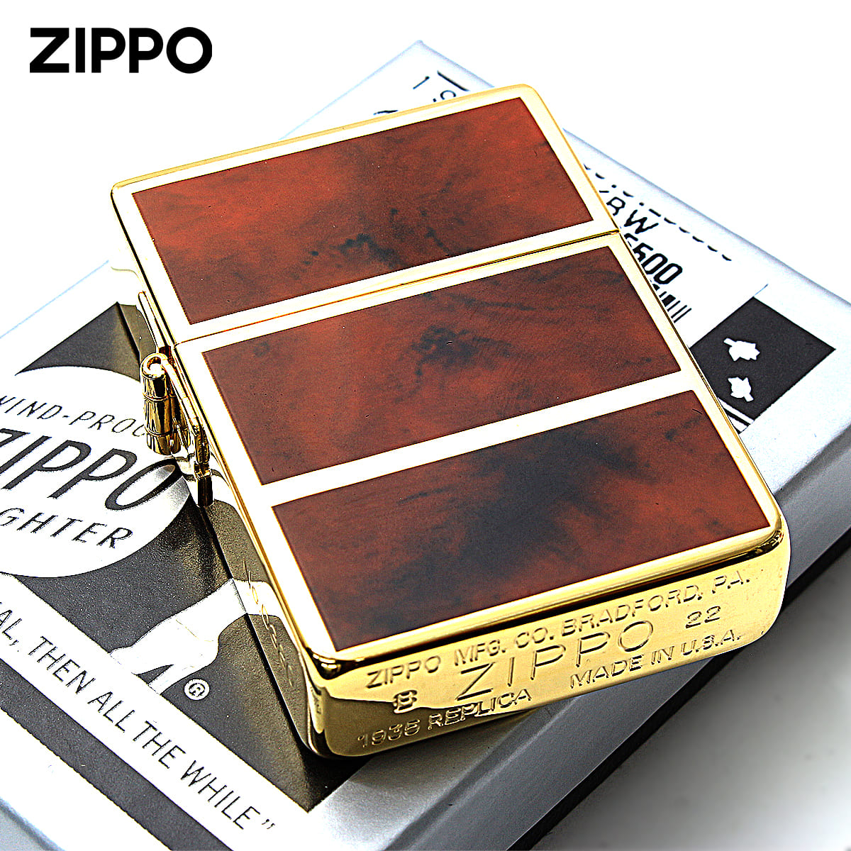 Zippo ジッポー 1935レプリカ マーブル 4面加工 1935EPG ブラウン シリアル番号 ゴールドタンク  BW｜Zippo専門店フラミンゴ：本店