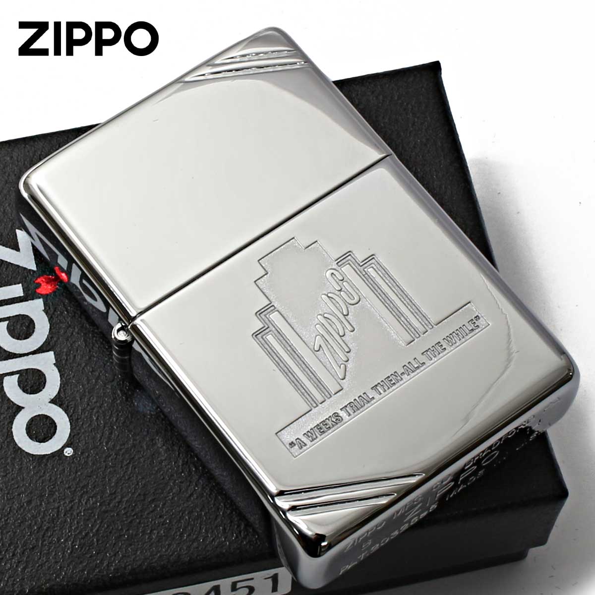 Zippo ジッポー フラットトップビンテージ ダイヤゴナルライン A Week’s Trial Then-All the While 鏡面 ポリッシュ クローム 28451 メール便可