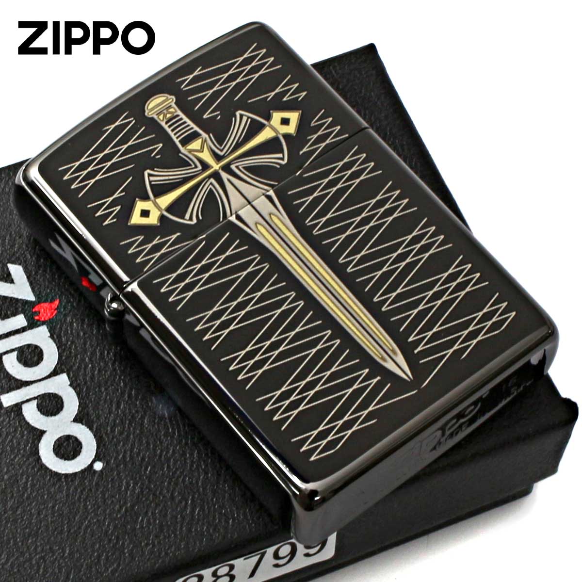 Zippo ジッポー 剣 ソード Engraved Sword 漆黒 ブラックエボニー 鏡面 ポリッシュ PVD加工 28799 メール便可