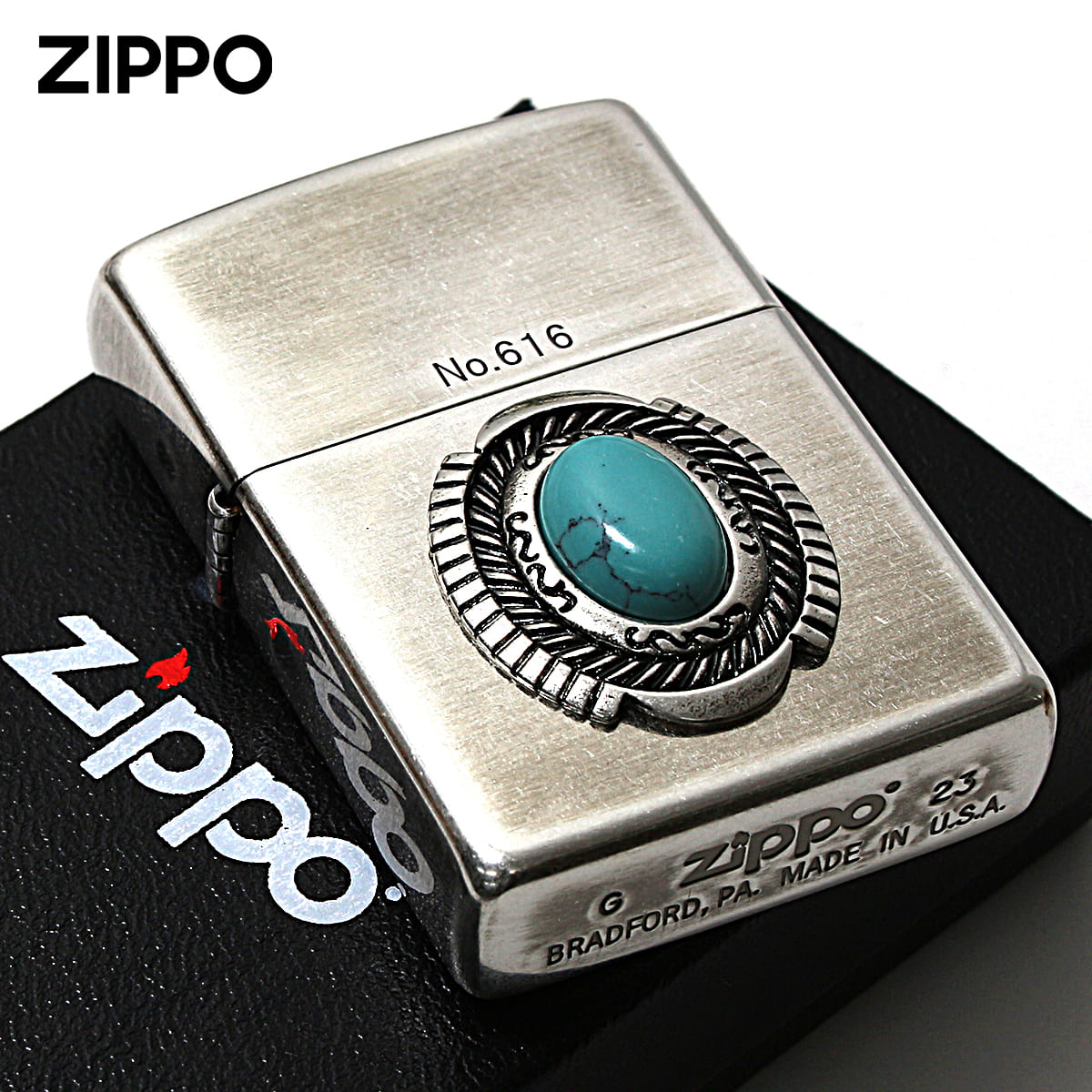 Zippo ジッポー イミテーションストーン ターコイズ Turquoise 銀メッキいぶし シリアル番号 80052｜Zippo専門店フラミンゴ：本店