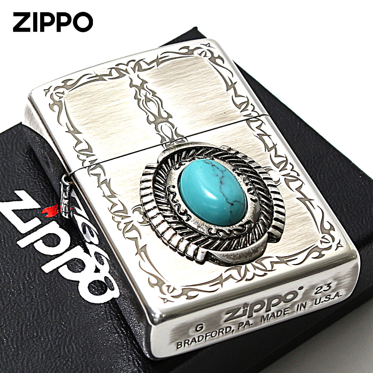 Zippo ジッポー イミテーションストーン ターコイズ トライバル柄 Turquoise 銀メッキいぶし 80053